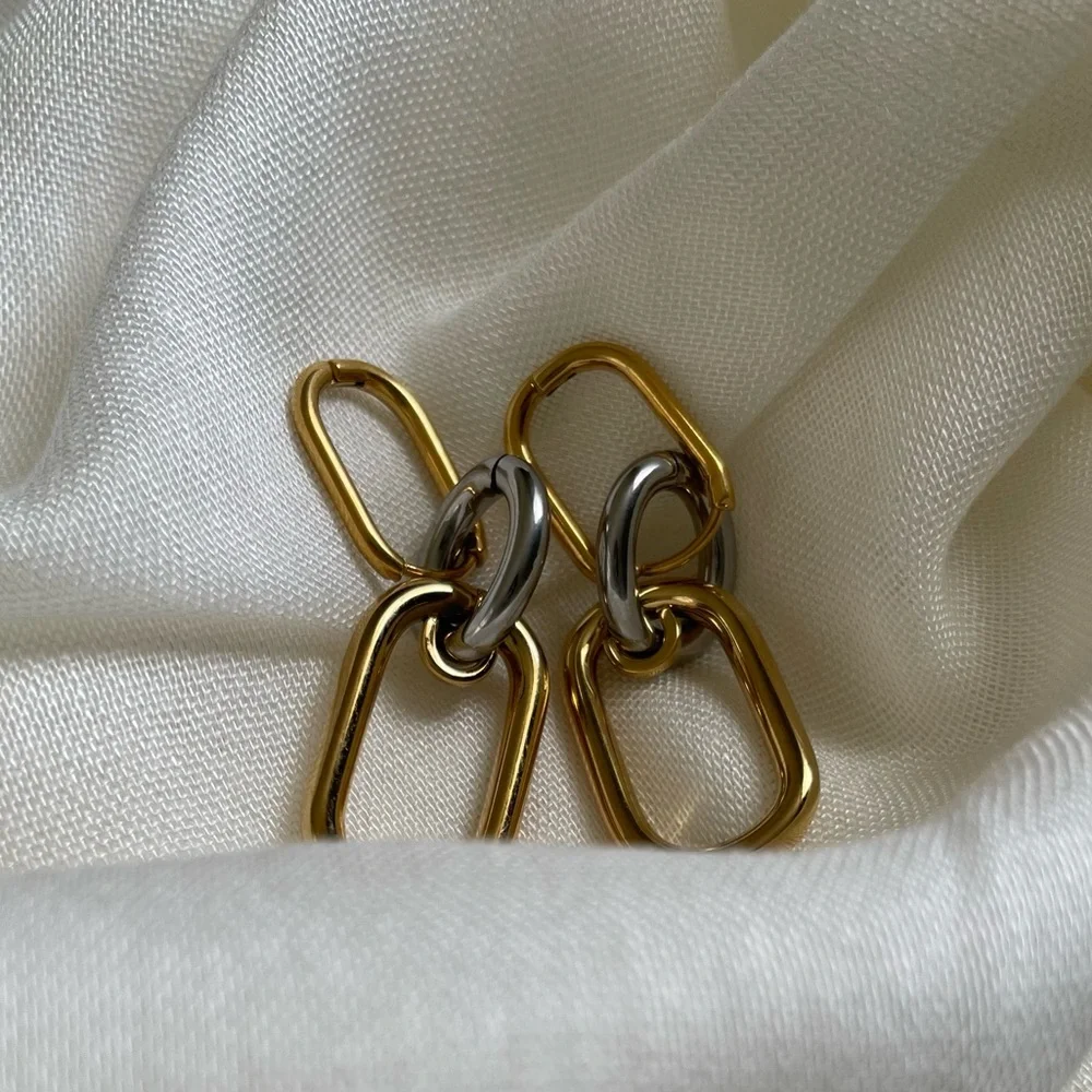 18K Gold-Plated Two-Tone Gold & Silver Paperclip Earrings